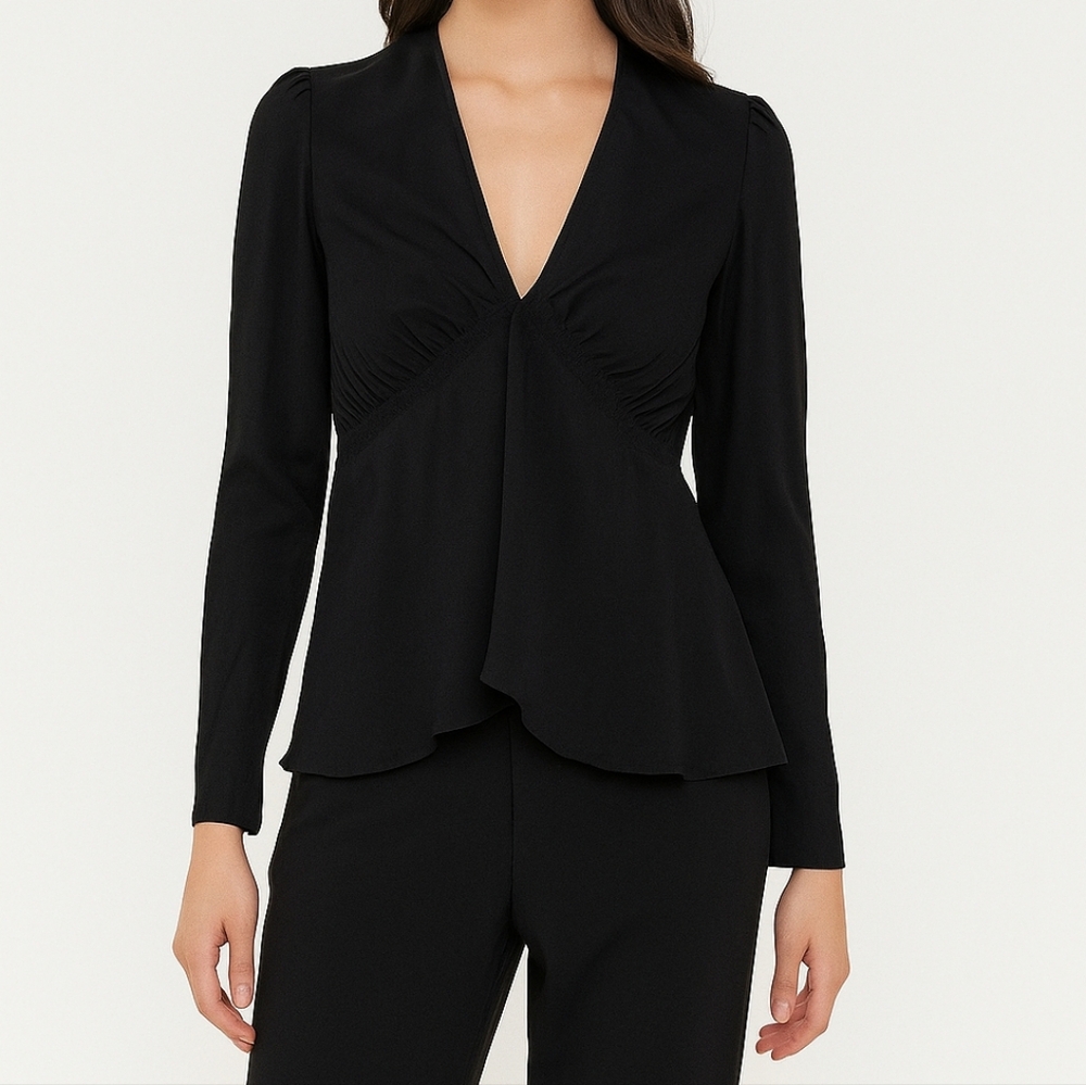 A.L.C. Black Long-Sleeve V-Neck Peplum Top